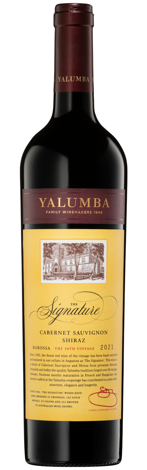 Bottle of Yalumba The Signature Shiraz Cabernet red wine by Paramount, showcasing the dark glass and label details.