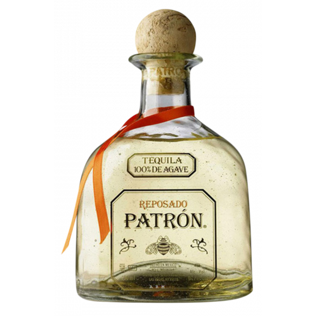 Bottle of Paramount Patron Reposado Tequila 700mL with amber color and label featuring Patron branding on a wooden surface.