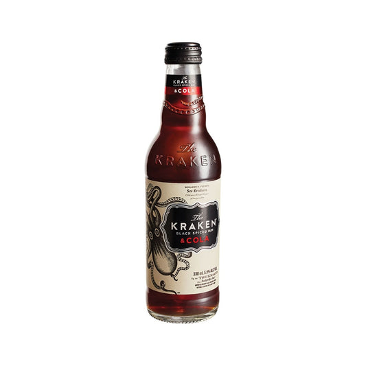 24-pack of Paramount Kraken Black Spiced Rum & Cola bottles, 330ml each, featuring dark rum and cola beverage in clear bottles.