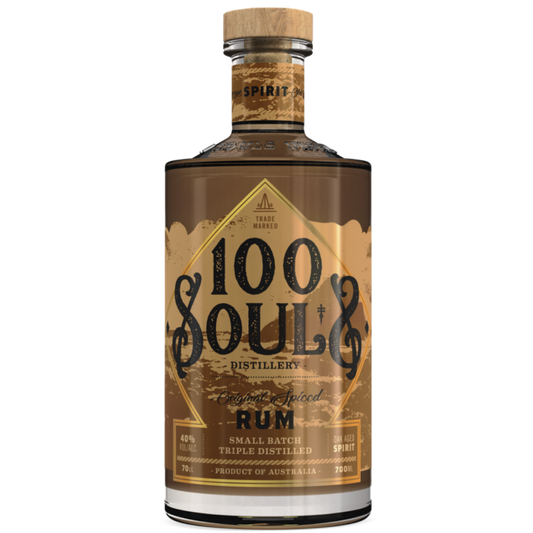 Paramount 100 Souls Spiced Dark Rum 700ml bottle, dark amber liquid with a label showcasing the spiced rum product.