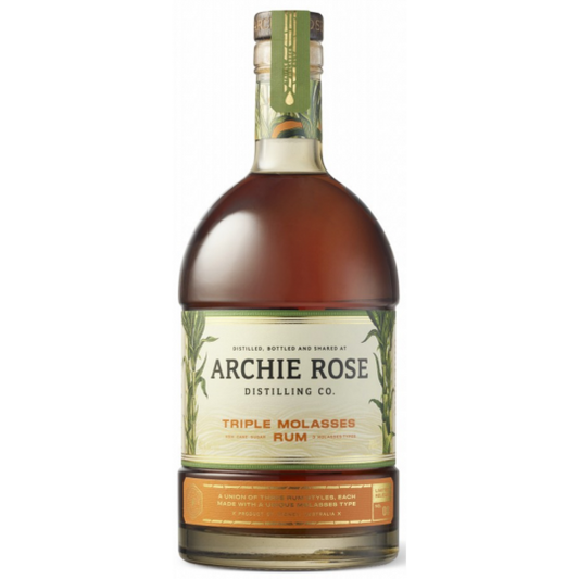 Paramount Archie Rose Triple Molasses Rum 700ml bottle with dark amber liquid and label featuring branding and product details.