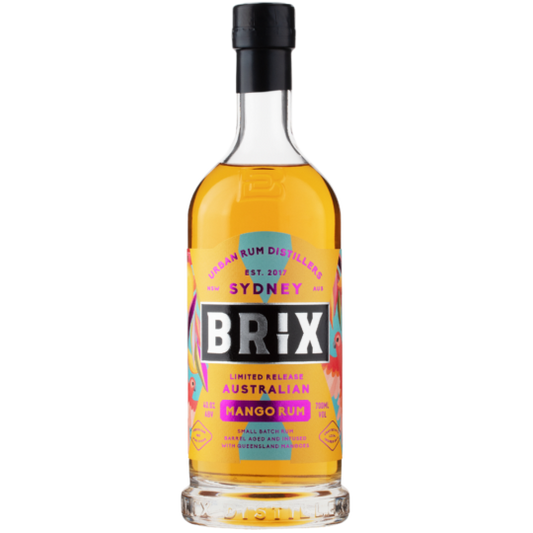 Paramount Brix Mango Rum bottle, 700ml, with a vibrant mango flavor label and clear glass bottle showing the rum inside.