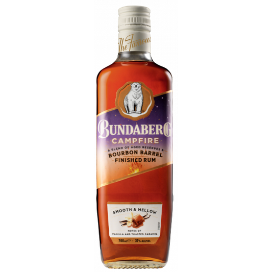 Paramount Bundaberg Campfire Bourbon Barrel Rum 700ml bottle with dark amber liquid and label featuring a campfire scene.