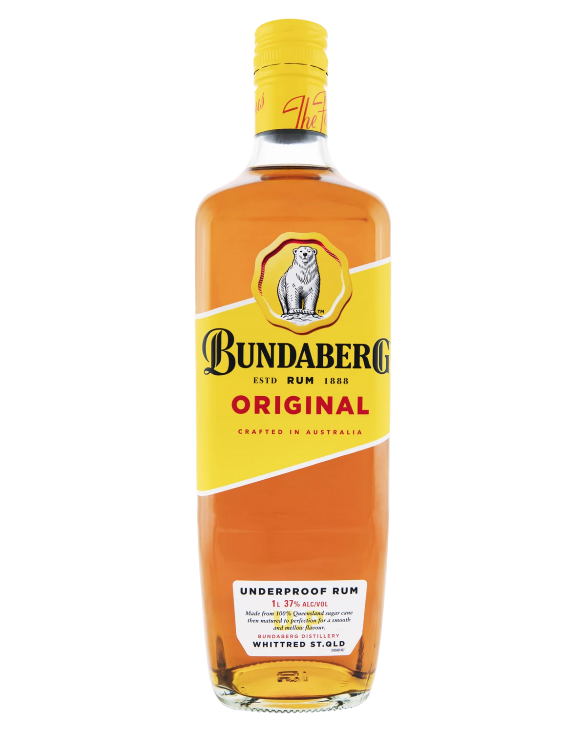 Paramount Bundaberg Up Rum 1 Litre bottle with label and seal, showcasing clear glass and rum inside.