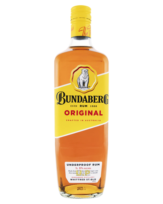 Paramount Bundaberg Up Rum 1 Litre bottle with label and seal, showcasing clear glass and rum inside.