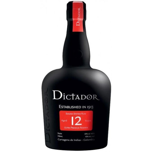 Paramount Dictador 12 Year Old Rum bottle, 700ml, with dark amber liquid and label featuring the Dictador brand name.