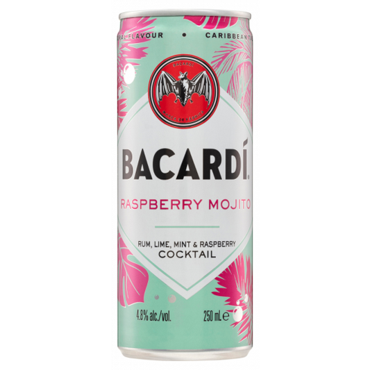 Paramount Bacardi Raspberry Mojito rum premix 250ml bottles, 24-pack, with fresh raspberry and mint flavor.
