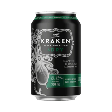 24-pack of Paramount The Kraken Black Spiced Rum premix cans, 330ml each, featuring dark spiced rum in ready-to-drink cans.