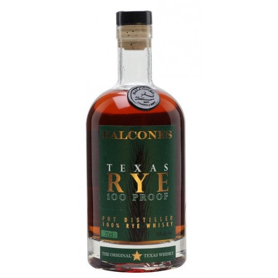 Paramount Balcones Texas Rye Whiskey 100 Proof in a 700ml bottle, showcasing the amber liquid and label.