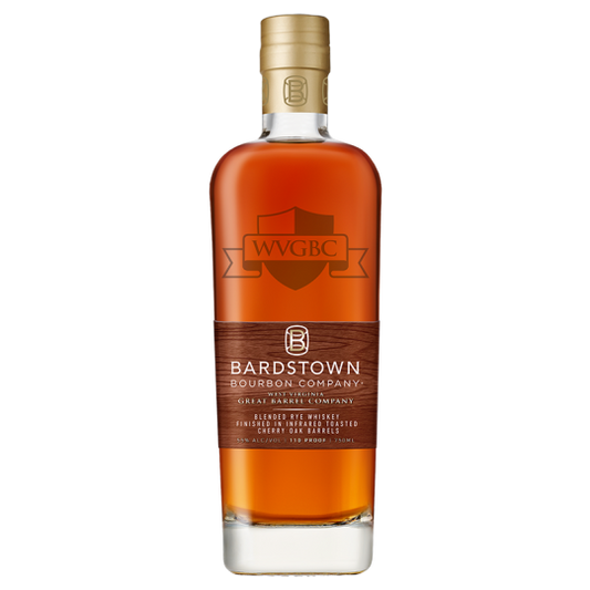 Paramount Bardstown Bourbon Co WVGBc Blended Rye Whiskey with red cherry oak finish, clear glass bottle showcasing rich amber liquid.