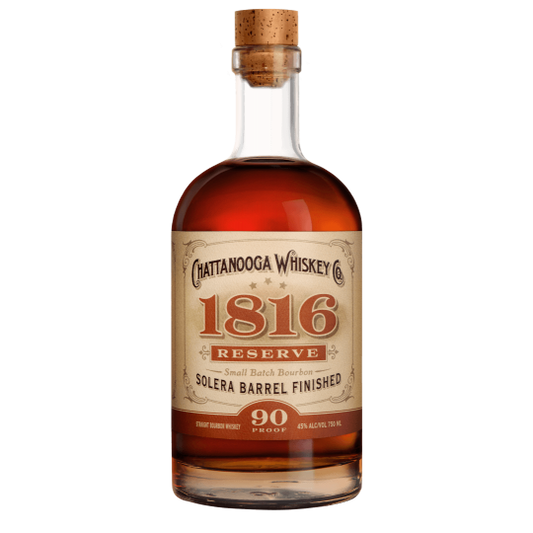 Paramount Chattanooga 1816 Reserve Rye Whiskey 750ml bottle with label, showcasing amber-colored whiskey in a glass.