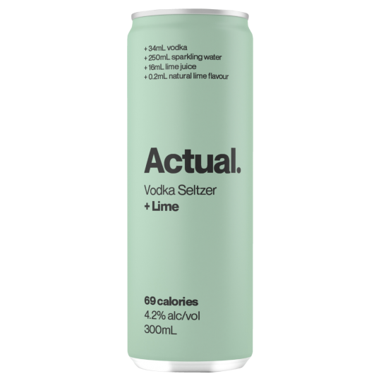 Paramount Actual Vodka Seltzer Lime cans, 300ml each, pack of 24, refreshing citrus-flavored alcoholic seltzer beverage