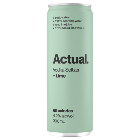 Paramount Actual Vodka Seltzer Lime cans, 300ml each, pack of 24, refreshing citrus-flavored alcoholic seltzer beverage