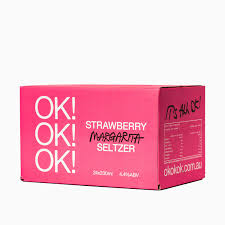 Paramount Ok! Strawberry Margarita Seltzer 330ml can pack of 24, showcasing vibrant pink cans with strawberry and lime flavors.