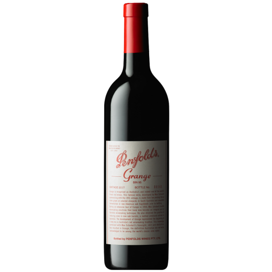 Paramount Penfolds Grange Shiraz 2017 750ml bottle with dark red wine in a wine glass, showcasing a rich, full-bodied red wine.