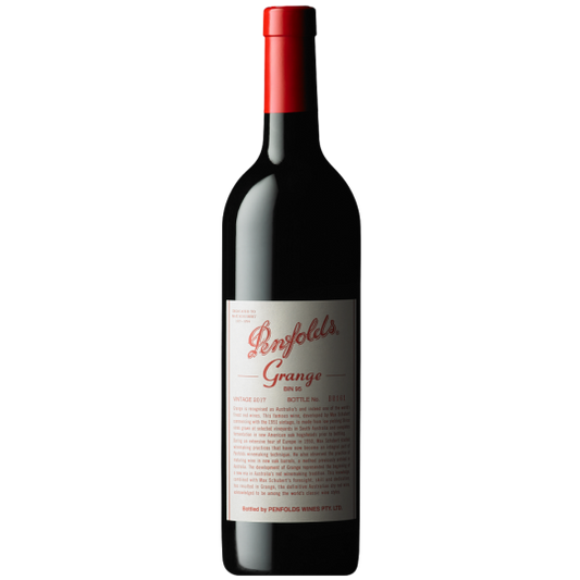 Paramount Penfolds Grange Shiraz 2017 750ml bottle with dark red wine in a wine glass, showcasing a rich, full-bodied red wine.