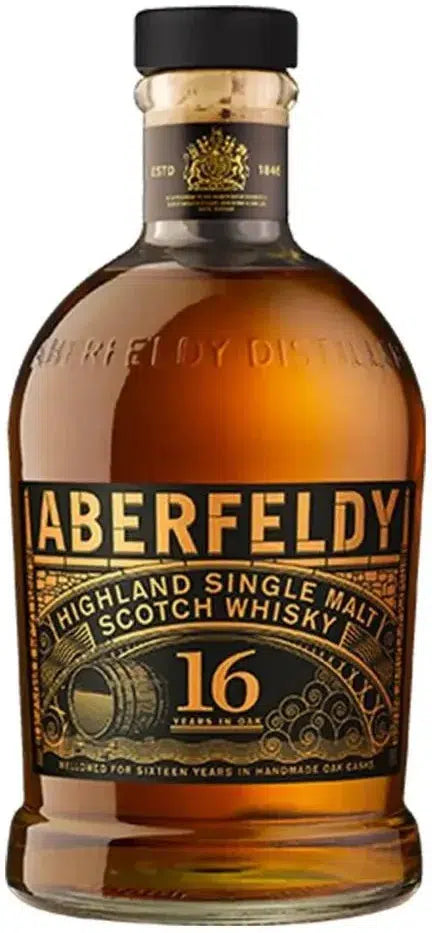 Aberfeldy 16 Year Old Single Malt Scotch Whisky bottle from Paramount, with a dark label and 700ml size.