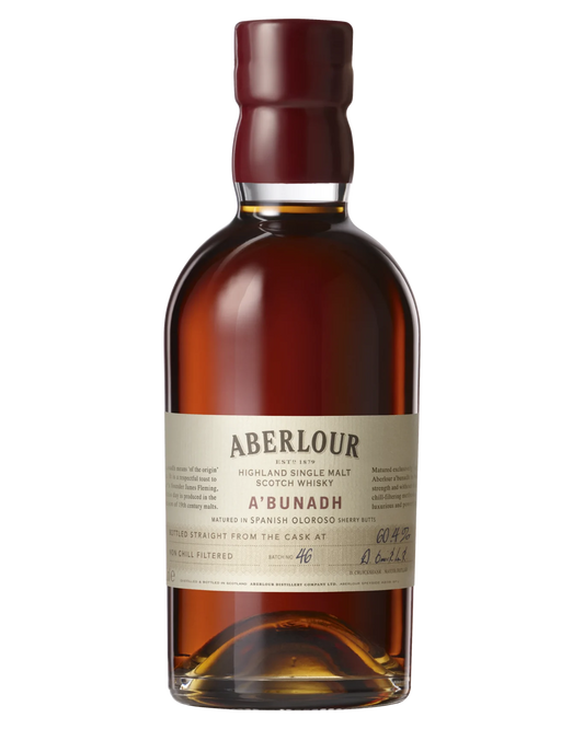 Paramount Aberlour A'Bunadh Single Malt Scotch Whisky 700mL bottle showcasing the dark glass and label details.