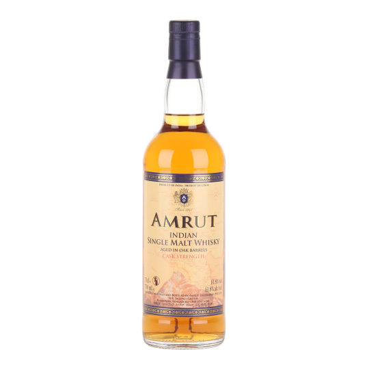 Paramount Amrut Indian Single Malt Whisky in a 700ml bottle with peated cask strength 62.8%, featuring a dark amber color.
