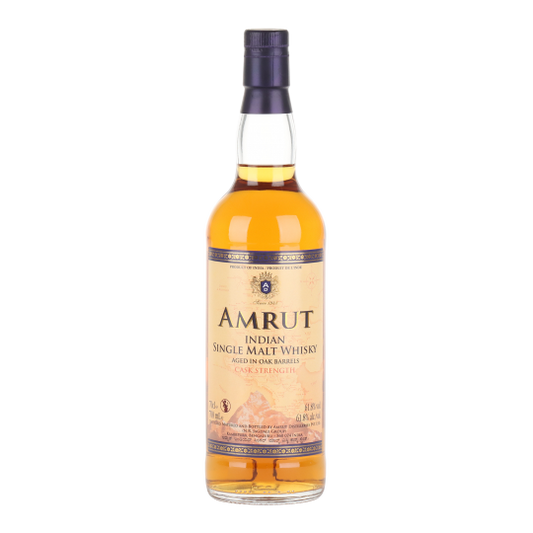 Paramount Amrut Indian Single Malt Whisky in a 700ml bottle with peated cask strength 62.8%, featuring a dark amber color.
