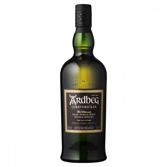 Bottle of Ardbeg Corryvreckan single malt Scotch whisky by Paramount in 700mL size, featuring dark amber liquid and label detail.