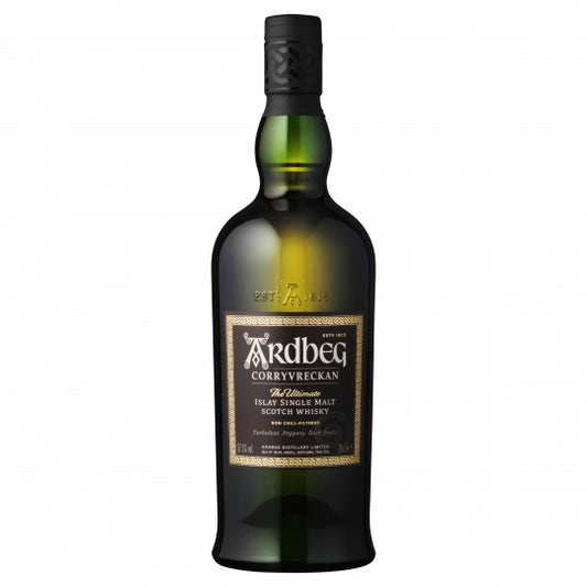 Bottle of Ardbeg Corryvreckan single malt Scotch whisky by Paramount in 700mL size, featuring dark amber liquid and label detail.