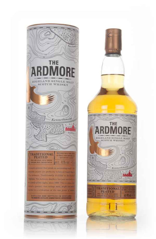 Bottle of Paramount Ardmore Traditional Peated Single Malt Scotch Whisky 1L with label and amber liquid visible.