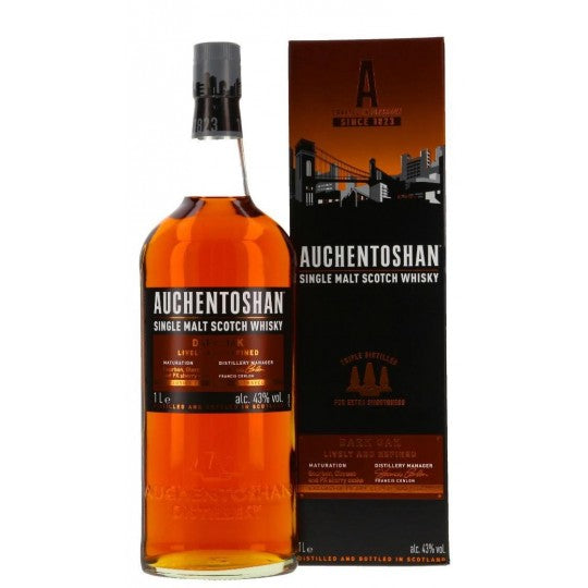 Paramount Auchentoshan Dark Oak Lowland Single Malt Scotch Whisky bottle, 1L, with dark amber liquid and label visible.