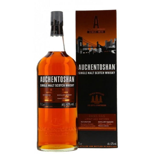Paramount Auchentoshan Dark Oak Lowland Single Malt Scotch Whisky bottle, 1L, with dark amber liquid and label visible.
