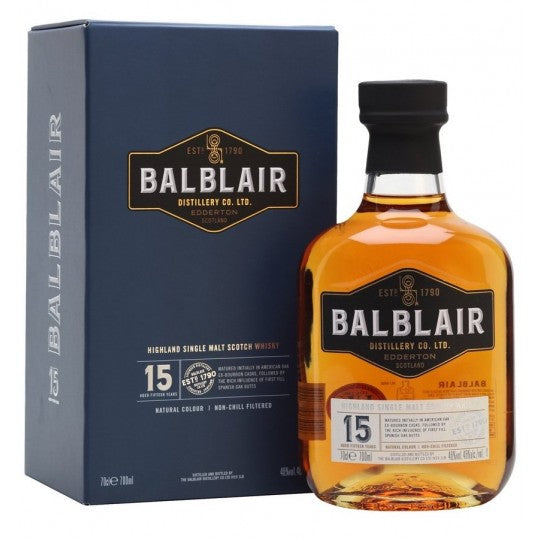 Balblair Highland 15 Year Old single malt Scotch whisky bottle by Paramount, with a clear label and amber-colored liquid inside.