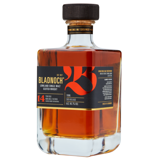 Bladnoch 14-Year-Old Single Malt Whisky by Paramount in a 700mL bottle, featuring a dark amber liquid and elegant label.