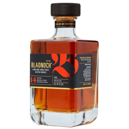 Bladnoch 14-Year-Old Single Malt Whisky by Paramount in a 700mL bottle, featuring a dark amber liquid and elegant label.