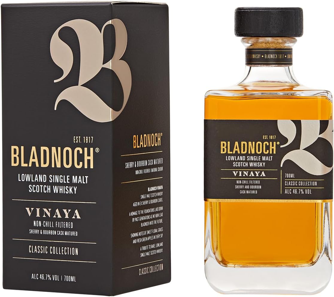 Bladnoch Vinaya Single Malt Whisky 700mL bottle from Paramount, featuring a dark amber liquid and a classic label on the bottle