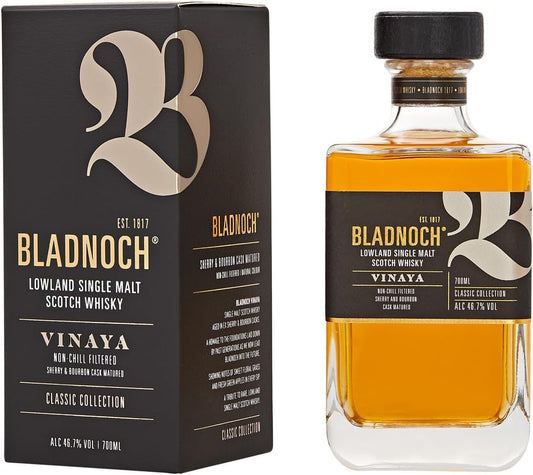 Bladnoch Vinaya Single Malt Whisky 700mL bottle from Paramount, featuring a dark amber liquid and a classic label on the bottle
