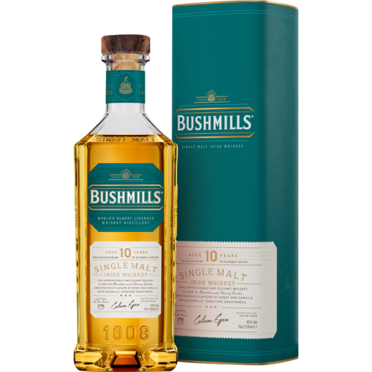 Paramount Bushmills 10 Year Old Single Malt Irish Whiskey bottle, 700mL with label and whiskey inside.