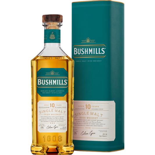 Paramount Bushmills 10 Year Old Single Malt Irish Whiskey bottle, 700mL with label and whiskey inside.