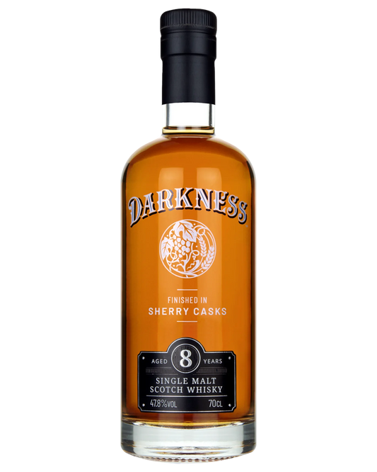 Darkness 8 Year Old Single Malt Whisky bottle by Paramount, 700ml, with dark label and elegant packaging.