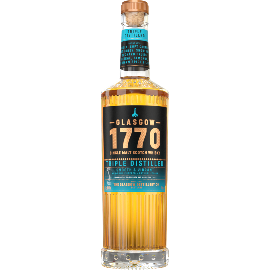 Paramount Glasgow 1770 Triple Distilled Single Malt Scotch Whisky bottle with label, 700ml size on a wooden surface.