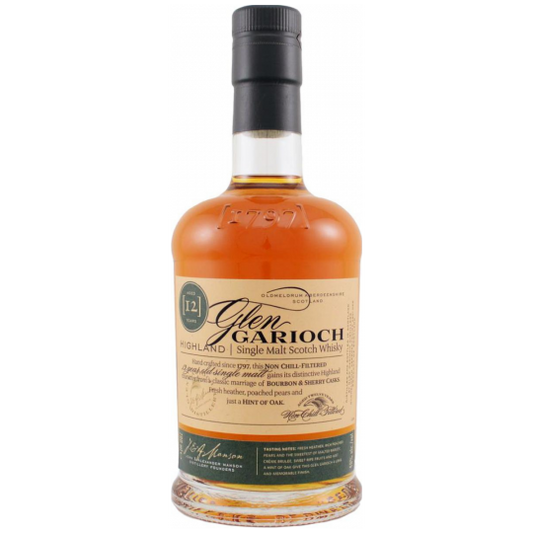 Glen Garioch 12-year-old single malt Scotch whisky in a 700ml bottle by Paramount, displayed with label and packaging details.
