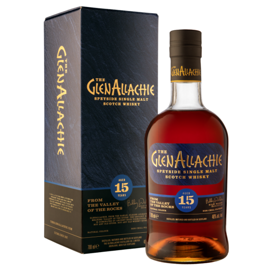 Glenallachie 15-Year-Old Single Malt Whisky in 700ml bottle by Paramount, with amber liquid and whisky glass.