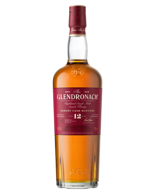 Paramount Glendronach 12YO Single Malt Scotch Whisky 700mL bottle with label and packaging on a wooden surface.