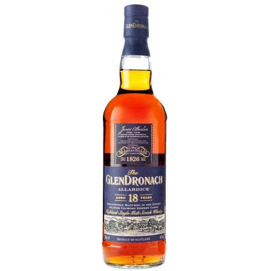 Glendronach 18 Year Old Allardice single malt Scotch whisky in a 700mL bottle, showcased with its label and dark amber liquid inside