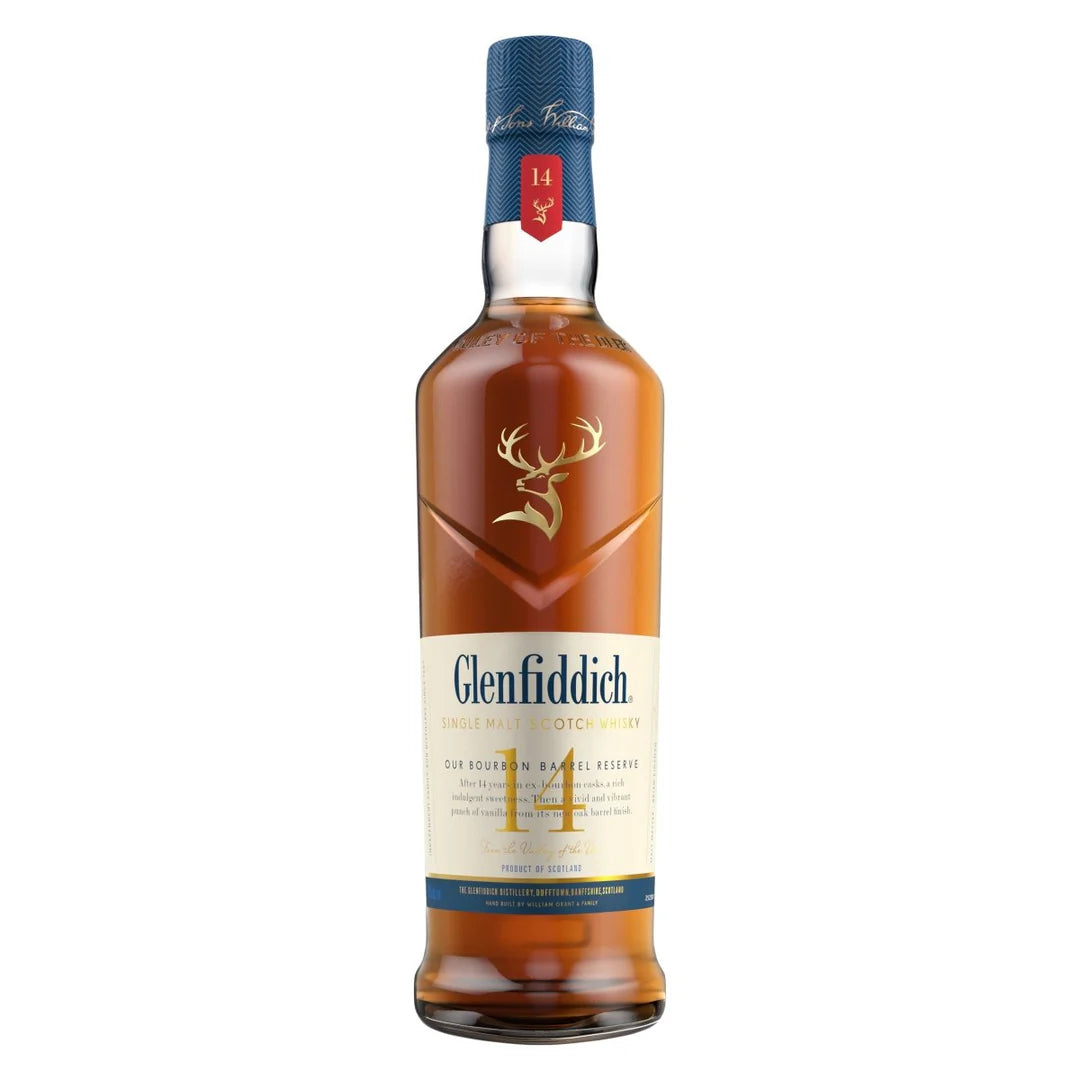 Paramount Glenfiddich 14YO Bourbon Barrel Single Malt Whisky 700mL bottle with label and packaging details.
