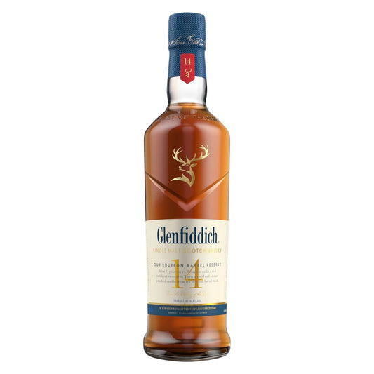 Paramount Glenfiddich 14YO Bourbon Barrel Single Malt Whisky 700mL bottle with label and packaging details.