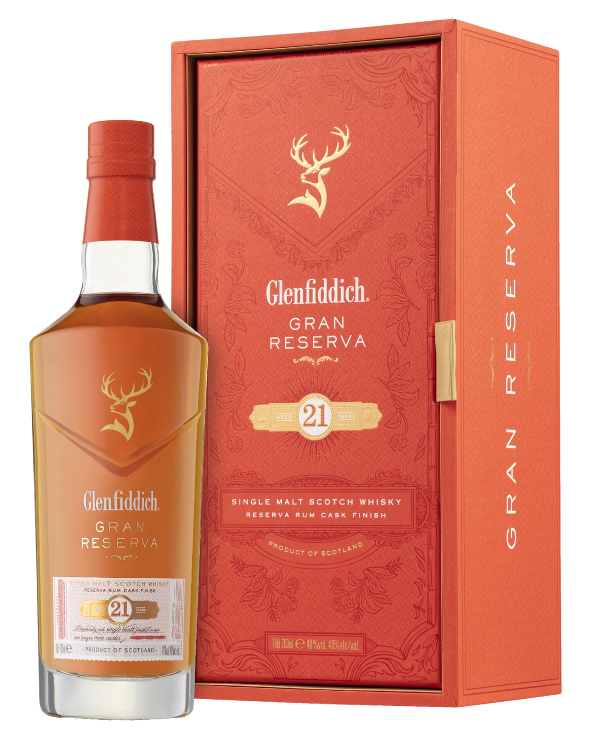 Glenfiddich 21 Year Old Gran Reserva single malt Scotch whisky bottle by Paramount, 700ml with detailed label and packaging.