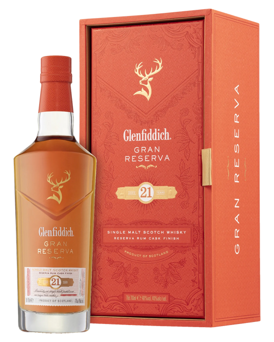 Glenfiddich 21 Year Old Gran Reserva single malt Scotch whisky bottle by Paramount, 700ml with detailed label and packaging.