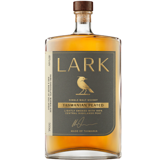 Paramount Lark Distillery Tasmanian Peated Single Malt Whisky 100ml bottle with label and whisky glass.
