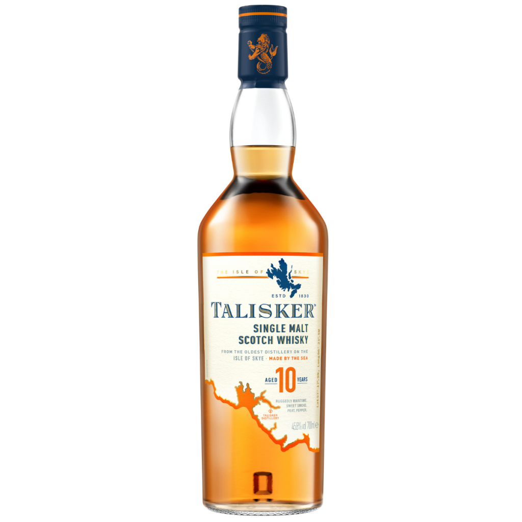 Paramount Talisker 10 Year Old Isle of Skye single malt Scotch whisky bottle, 700ml, with label and dark glass bottle.