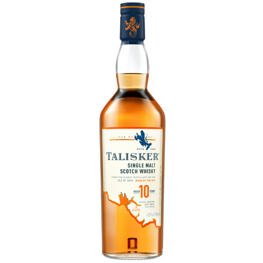 Paramount Talisker 10 Year Old Isle of Skye single malt Scotch whisky bottle, 700ml, with label and dark glass bottle.