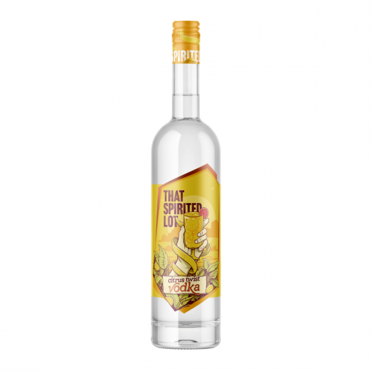 Paramount That Spirited Lot Citrus Twist Vodka 700ml bottle with label and clear glass, showcasing vibrant citrus-themed design.